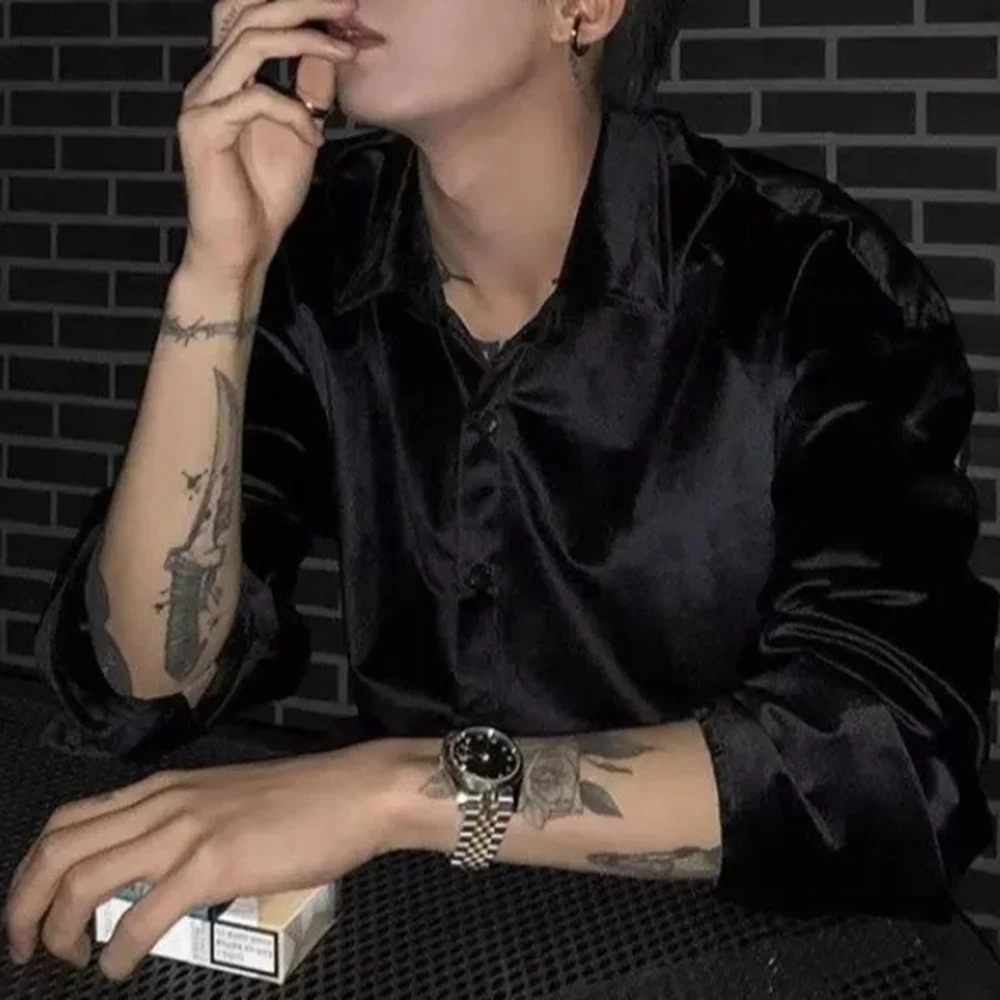 Korean Fashion Street Trend Solid Color Y2k Long-Sleeved Shirt Men Summer Loose Thin Party Dance Handsome Casual Shirt Men 250227