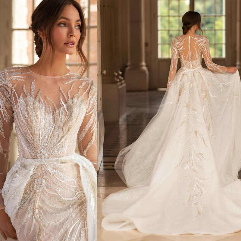 Crystal Brilliant A Line Wedding Dresses Full Sleeve Lace Appliques Beads Lace With Bling Sequins Bridal Gowns Special Occasion Sweep Train Vestido de