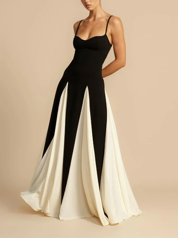 Fashion Contrast Color Pleated Hem Long Dress Elegant Sleeveless Backless High Waist Dresses 2025 Lady Vocation Vestidos 250303