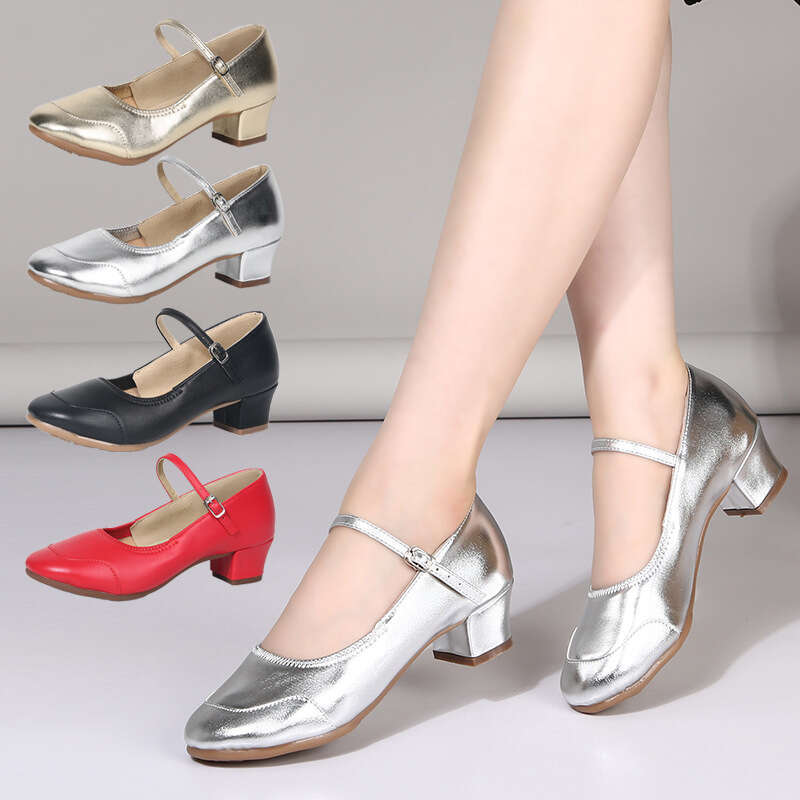 Dance for women and adults, silver soft soled square middle heel, four seasons shoes, social dance performance shoes