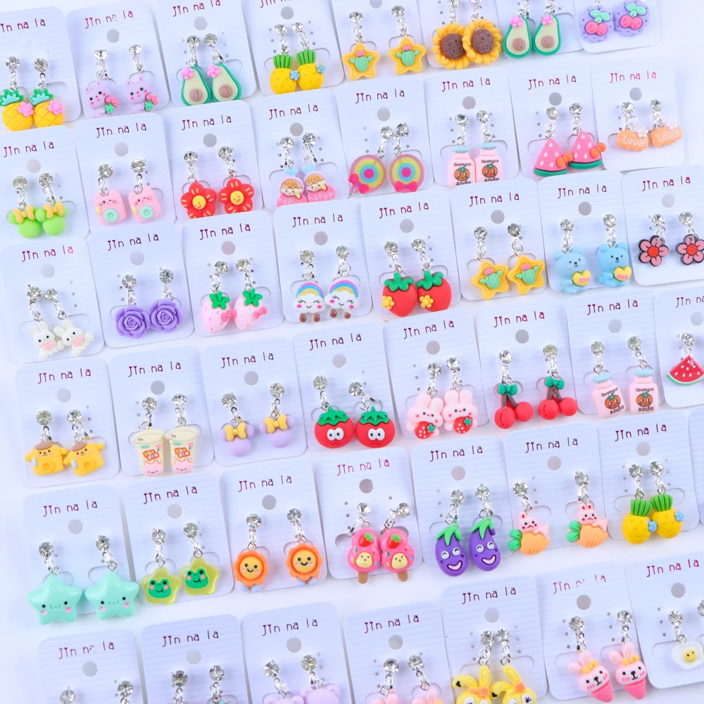 50 pairs/batch of cute cartoon animal earrings with fruit clips for children girls gifts jewelry mixed style no perforations wholesale 250304