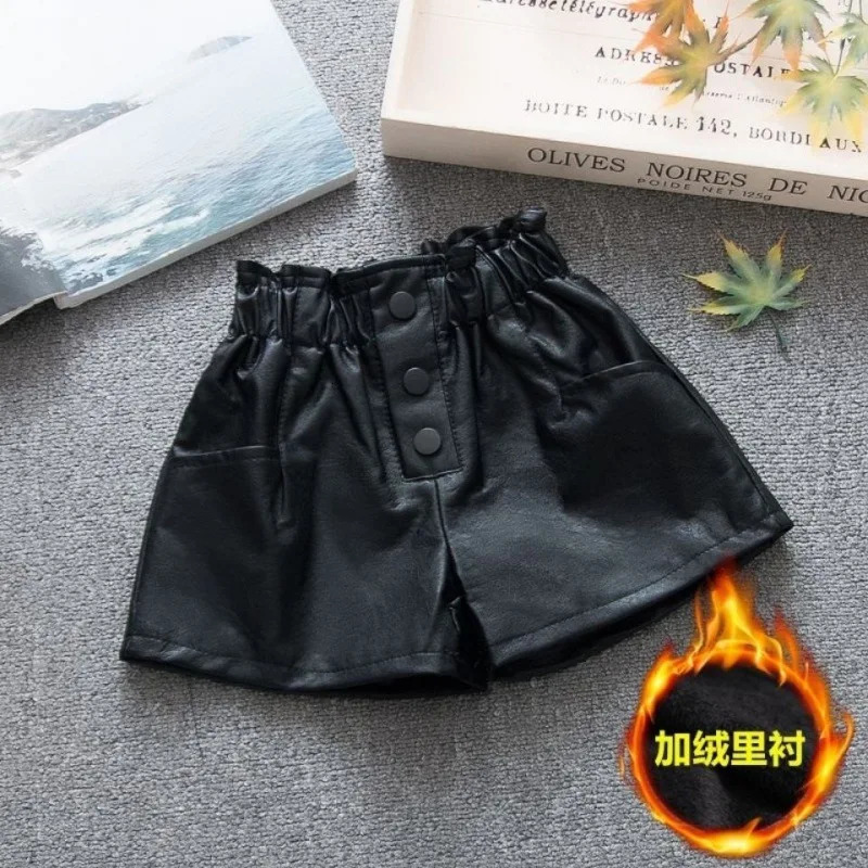 100-160cm Spring and Autumn Girls Fashion Pu Leather Shorts Baby and Childrens Clothing 250304