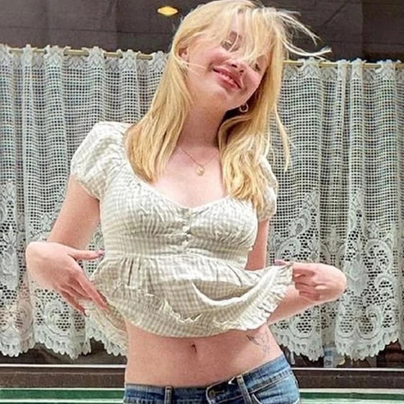 Xingqing Ruffle Top Buttons y2k Kawaii Women Crop Tops Cute E-girl Short Sleeve Tshirt Sweet Fairy Core Clothes Summer Vest 250228