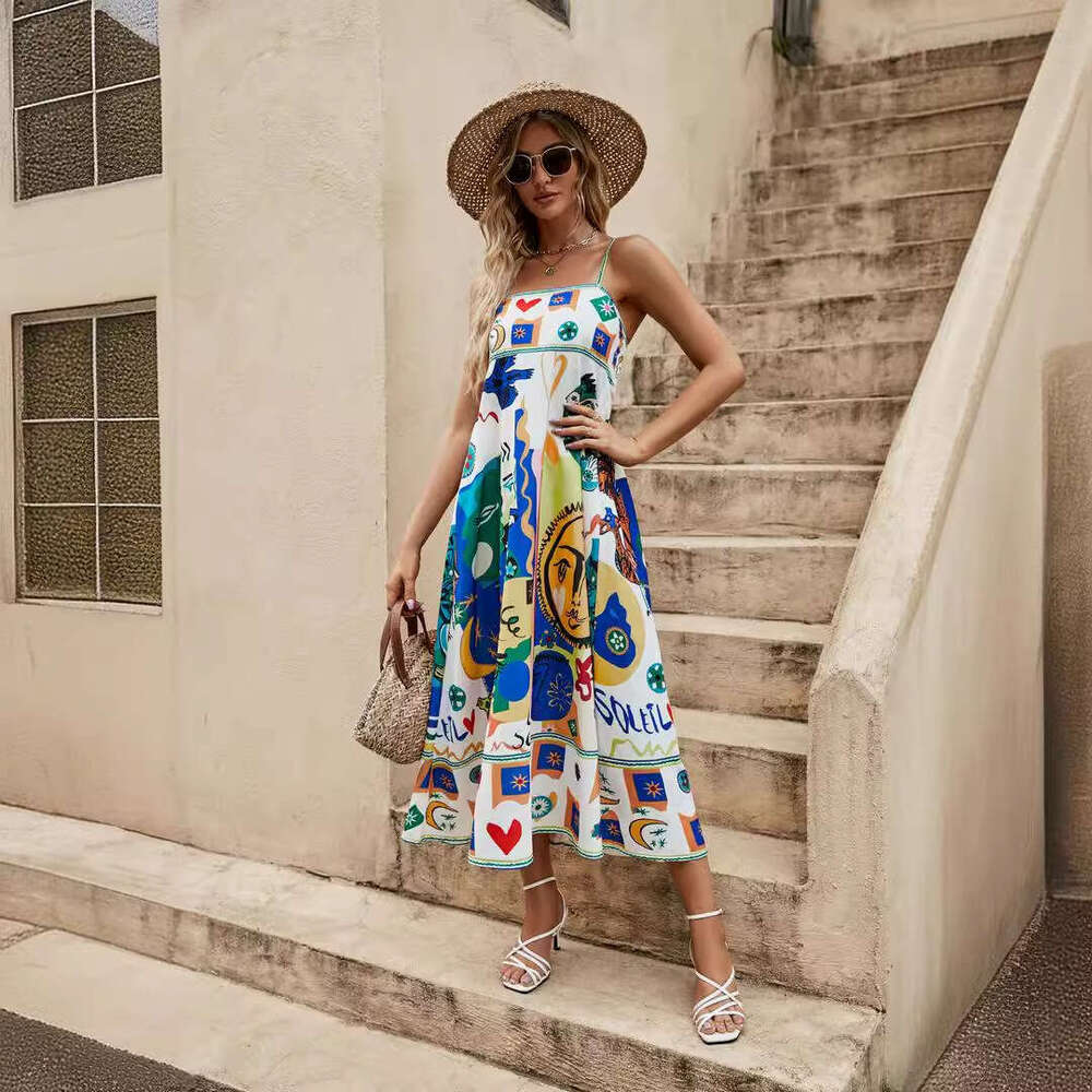 Sexy Women's Strap Graffiti Printed Cotton and Hemp Sleeveless Swing Dress with Versatile Style for 2025 New Trendy Clothing Ins