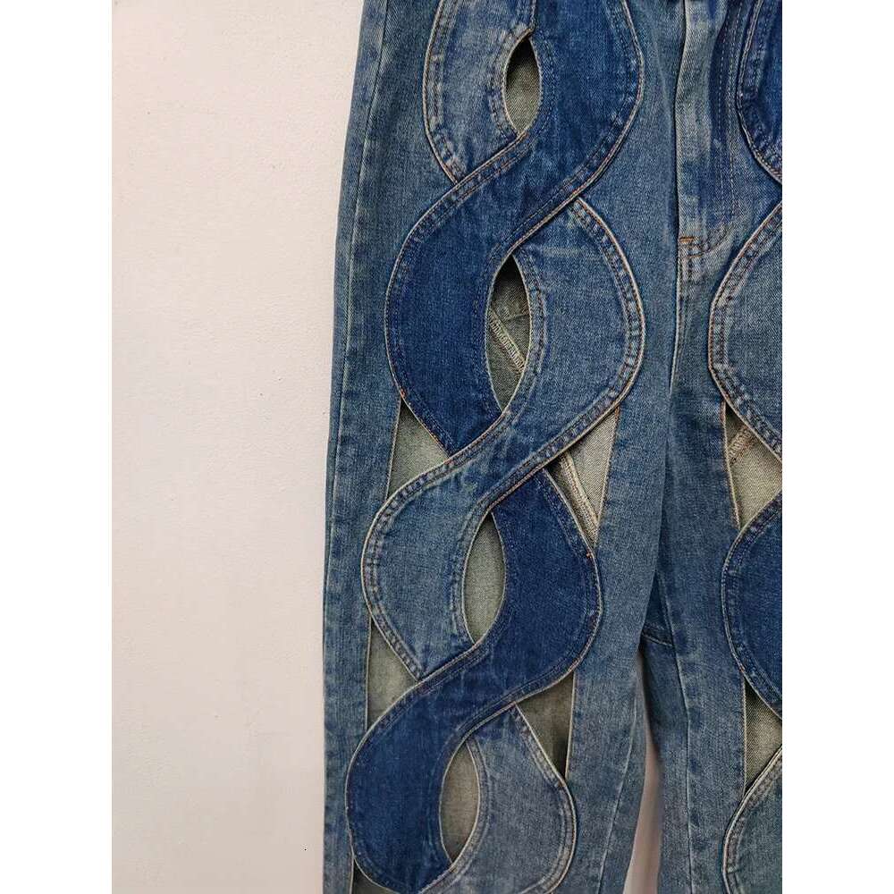 Fashion Women's Jeans High Waist Cross Contrast Color Hollow Out Metal Button Straight Denim Pants Summer 2025 New