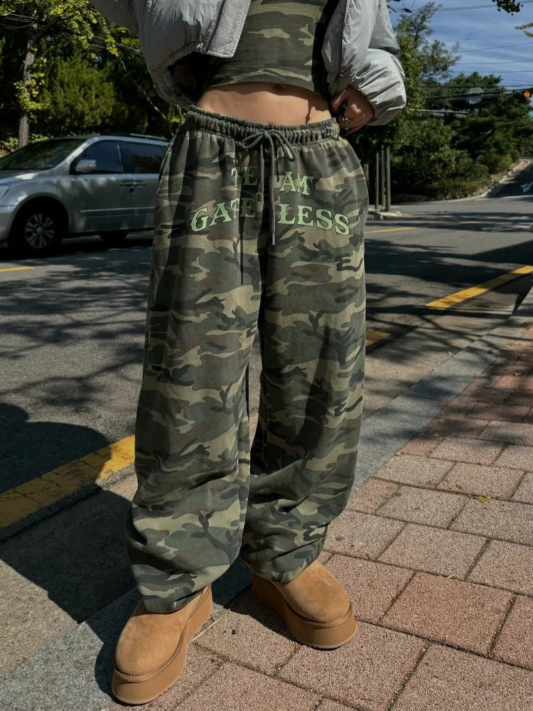 Deeptown Y2k Vintage Leopard Print Mid Waist Long Pants Women American Retro Streetwear Hip Hop Letter Print Loose Trousers 2025 250303