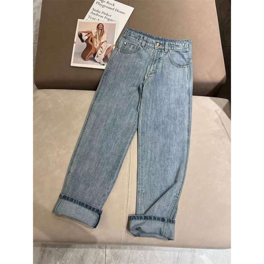 Women Beading Chain Jeans High Waist Vintage Zipper Fly Pockets Female Denim Long Pants