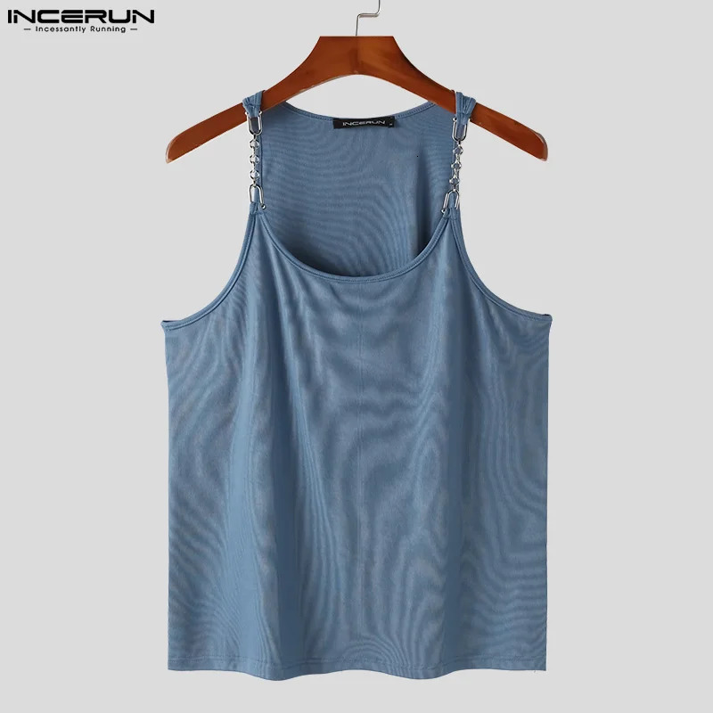 Sexy Stylish Style Tops INCERUN Mens Metal Chain Suspender Vests Fashion Casual Streetwear Sleeveless Solid Tank Tops S-5XL250222