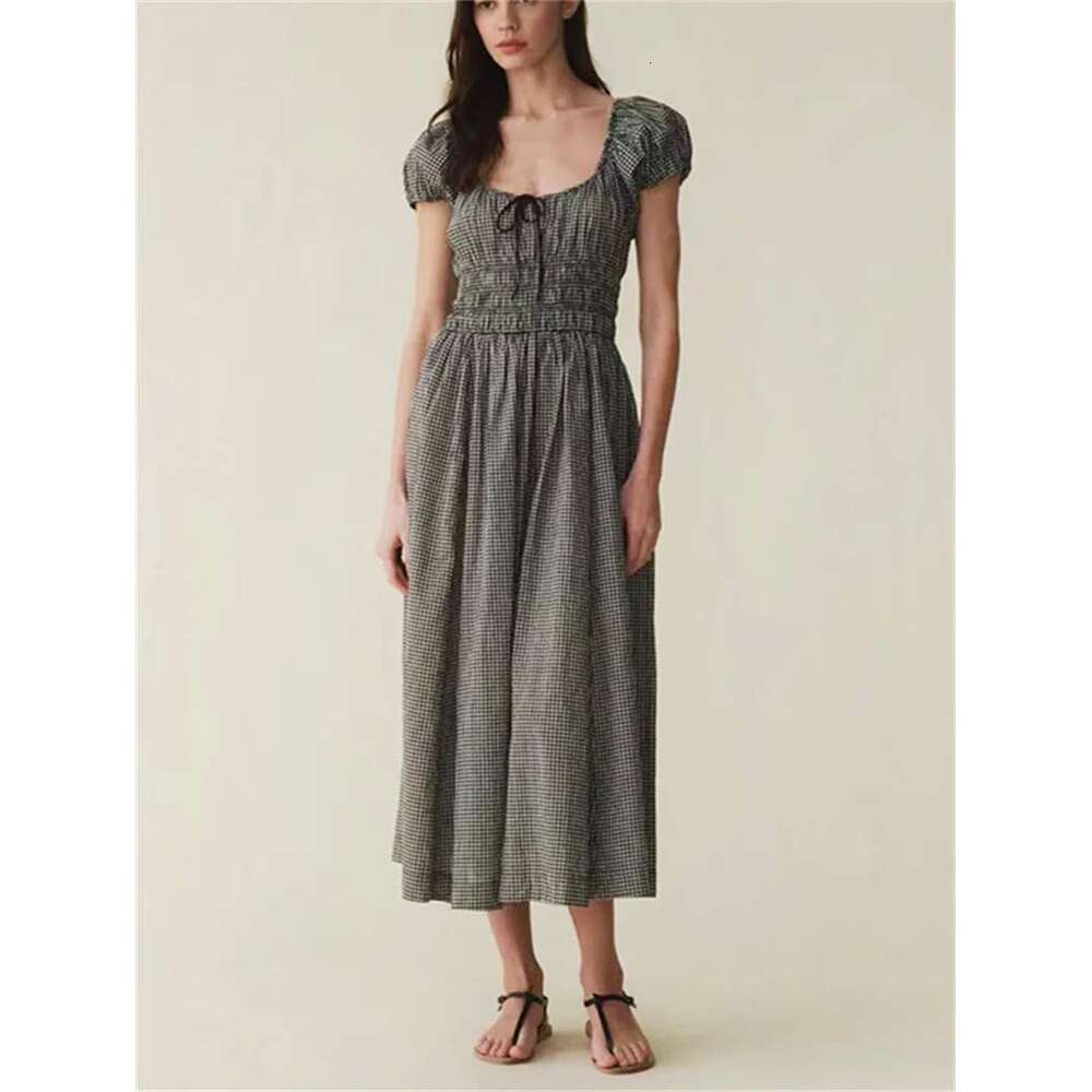 Women's Elastic Waist Short Sleeve Or O-Neck Dress Vintage Plaid Sleeveless Ladies Square Neck Fashion Midi Robe 2025 Summer
