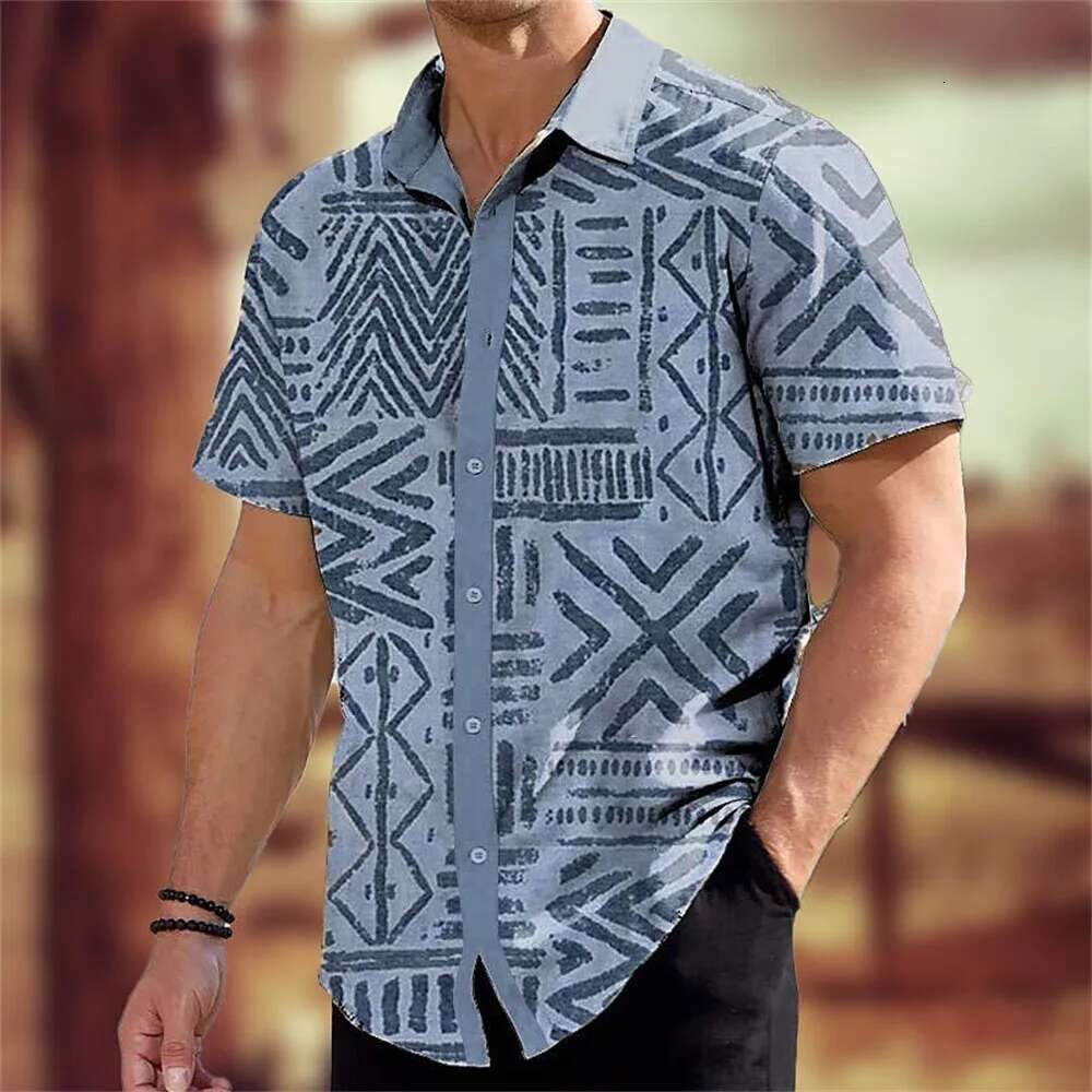 Style Summer New Designer Fashion Short Sleeved Shirt Personalized Retro Totem Print Men's Casual Street Trendy Clothing Oversized Top Beach Wear