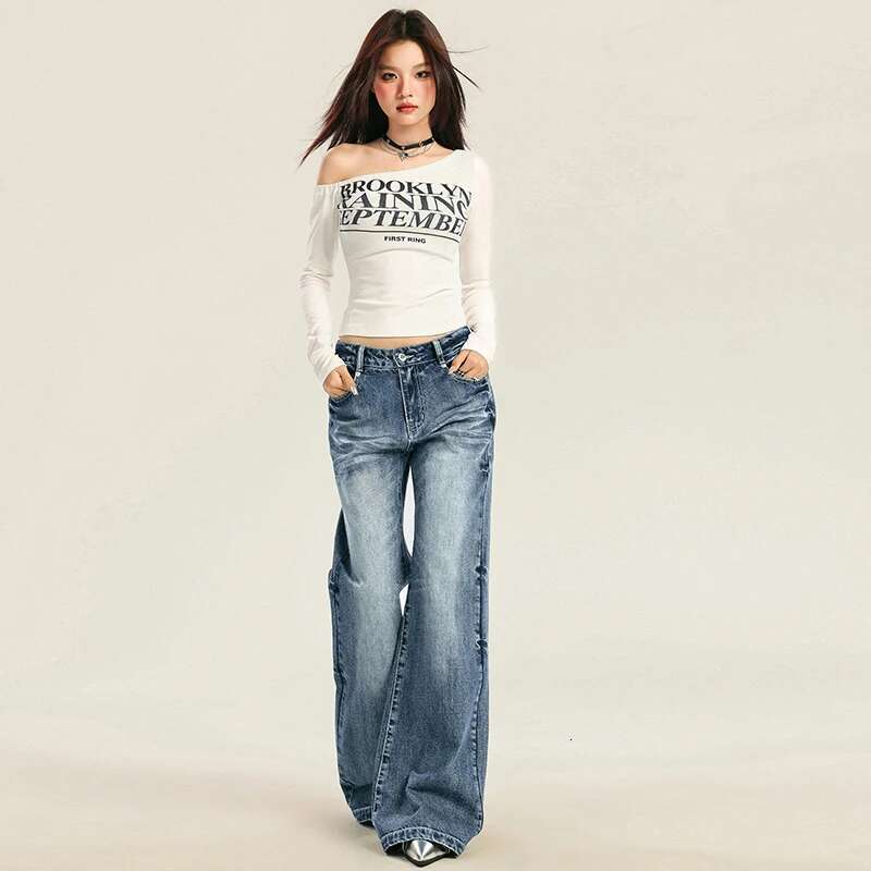 Autumn New Women's Streetwear Washed Denim Pants Vintage Straight Trousers Casual Loose-Fit High-Waisted Wide Leg Jeans