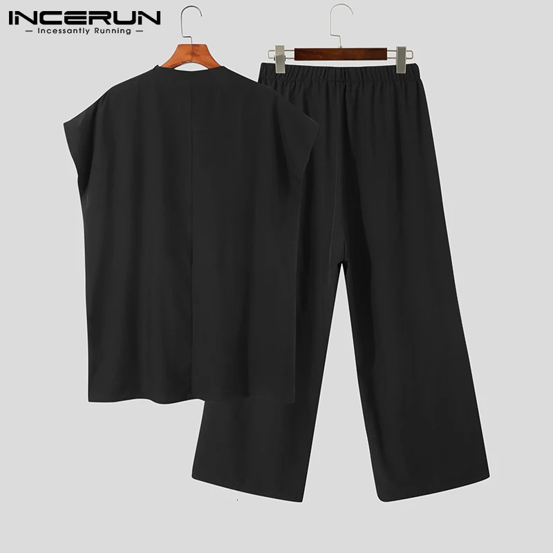 Mens Sets Muslim Style Pleated Dropped Sleeves Half Turtleneck Mid-Length Robe Loose Pants Suit 2 Pieces S-5XL INCERUN 250303