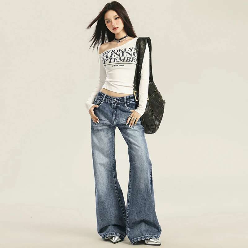 Autumn New Women's Streetwear Washed Denim Pants Vintage Straight Trousers Casual Loose-Fit High-Waisted Wide Leg Jeans