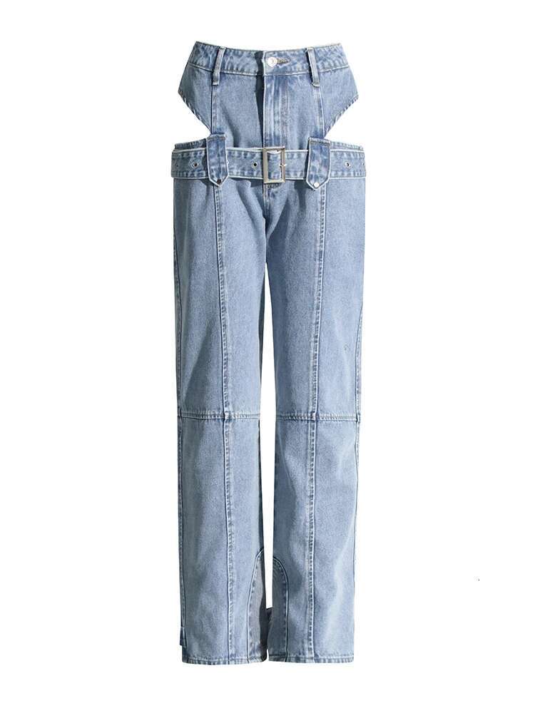 TWOTWINSTYLE Hollow Out Patchwork Belt Denim Pant For Women High Waist Spliced Button Streetwear Straight Jeans Female Fashion