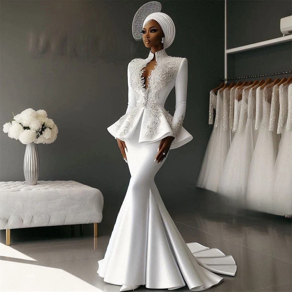 Stylish High Neck Mermaid Wedding Dresses Long Sleeves Lace Appliques Crystals Beaded White Bridal Gowns Ruffle White Satin Bride Reception Dress 2025