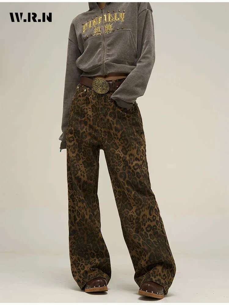 Women's American Vintage Leopard Print Washed Thin Jeans Street Casual Neutral Style Denimtrousers High Waist Straight Pants