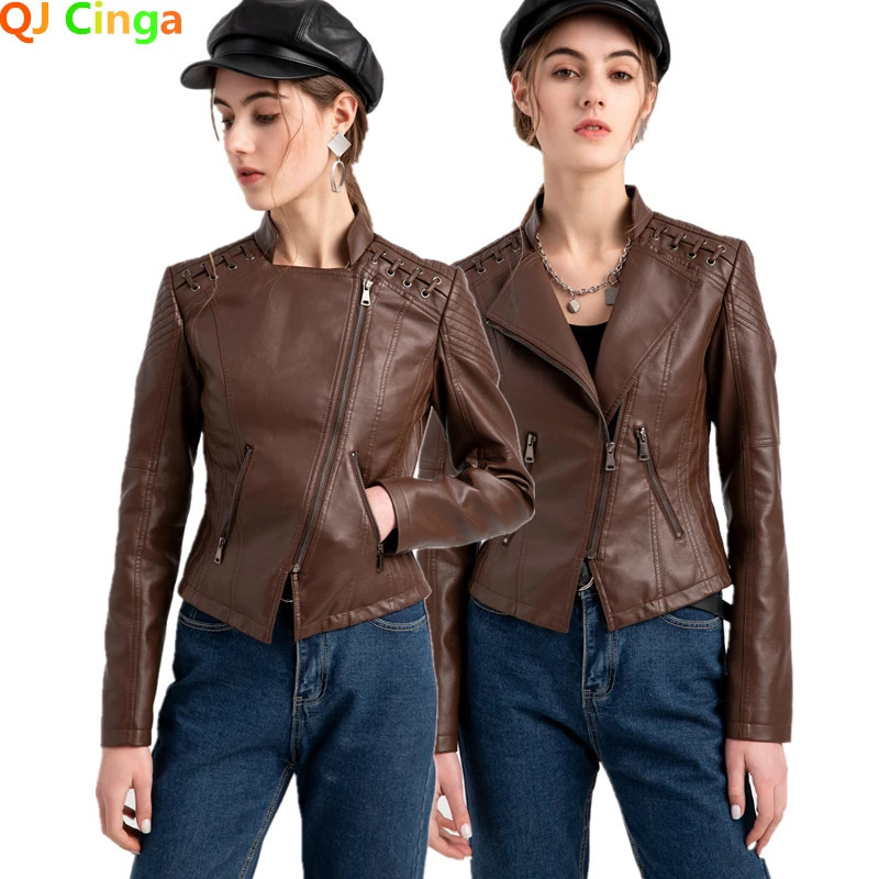 Brown short sleeved PU jacket for womens fashion motorcycle leather spring and summer styles Jaqueta 250226