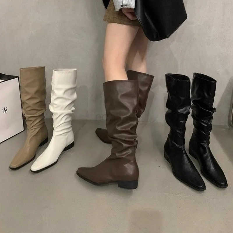 Spring and AutumnWern Cowboy Boots Wen Fion Pleated Slip on Long Boots Fem Elegant Low Heel Wens Knight Botties Z250304