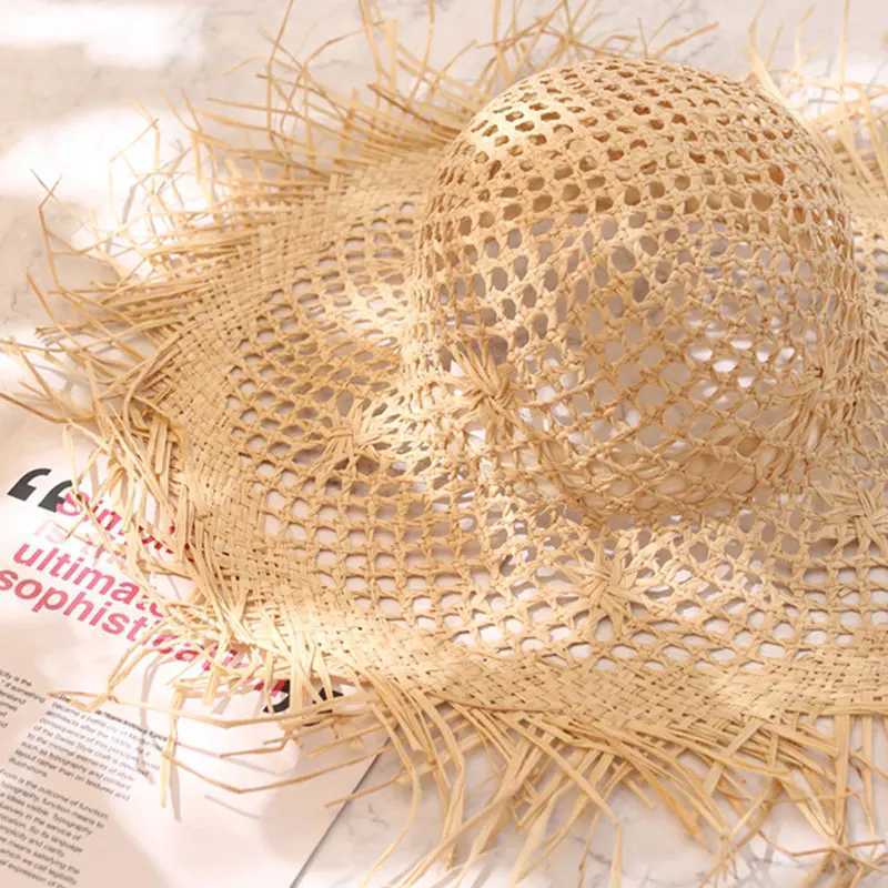 Cutout Str Womens Sun Hat French Style Large Brim Casual Solid Color R-Edge Beach Style Rafia Hat 2021XJ250304
