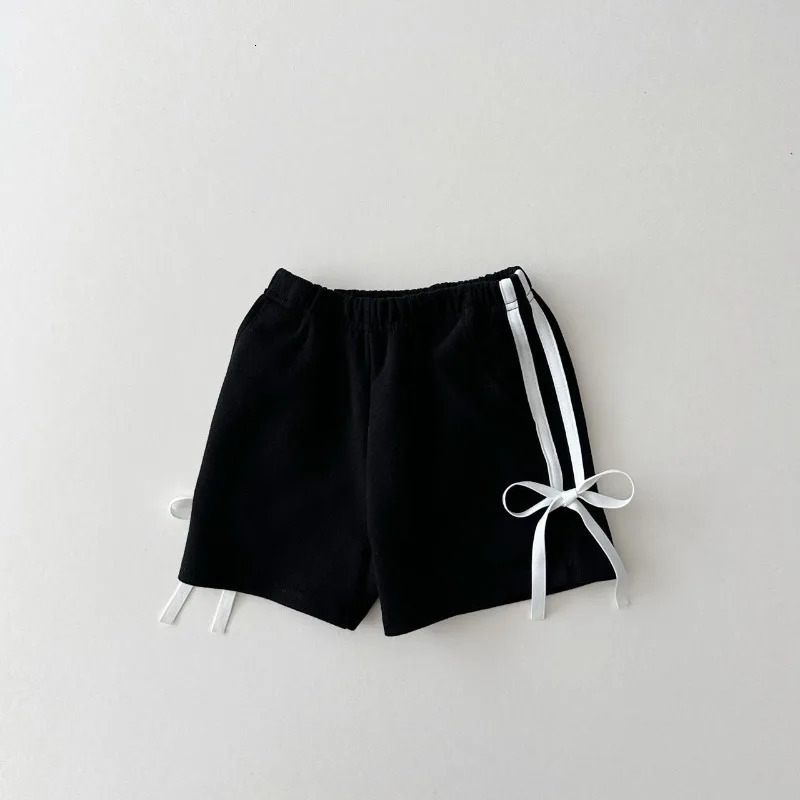 Korean Style Summer Baby Girls Sports Shorts Side Seam Stripe Bow Elastic Waist Loose Pants Casual Children Clothes A24147 250304