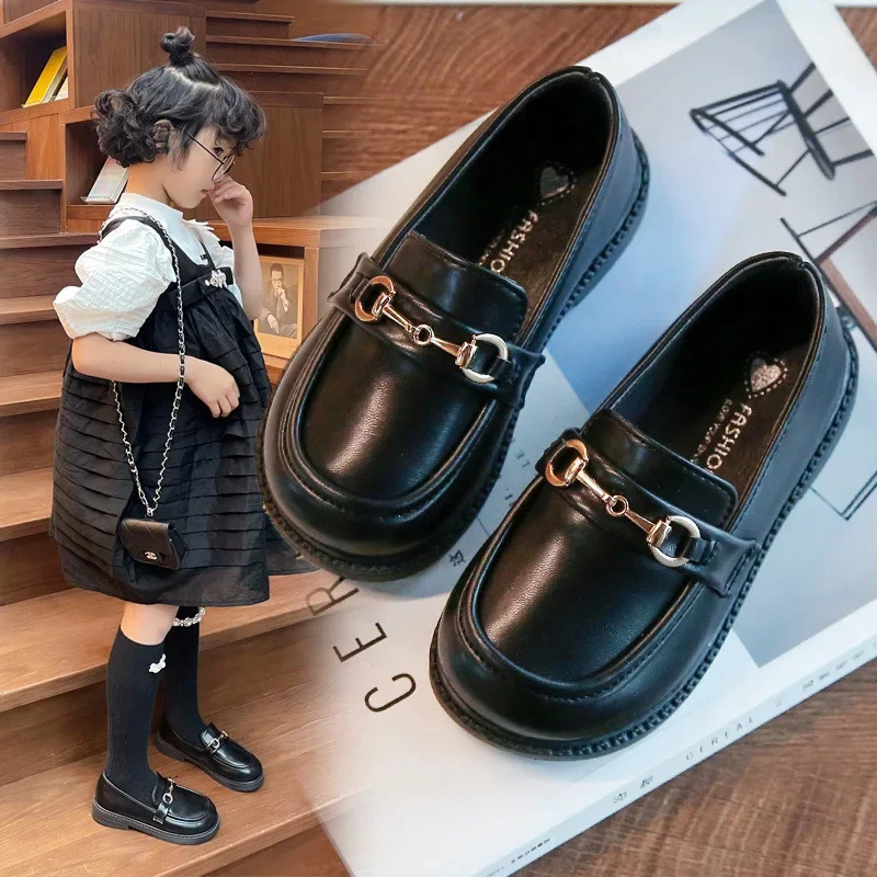 Spring Girl UK Boys Leather Shoes Children Soft Mary Jens Metal Fashion Casual Solid Black Sliding Block 250303