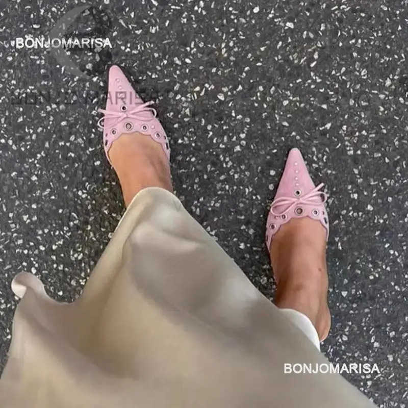 Bjarisa Pointed Toe Mes For Wen Bowknot Elegant H Spring Fi Stiletto Flock Sandal Slip Cfortable Shoes Z250304