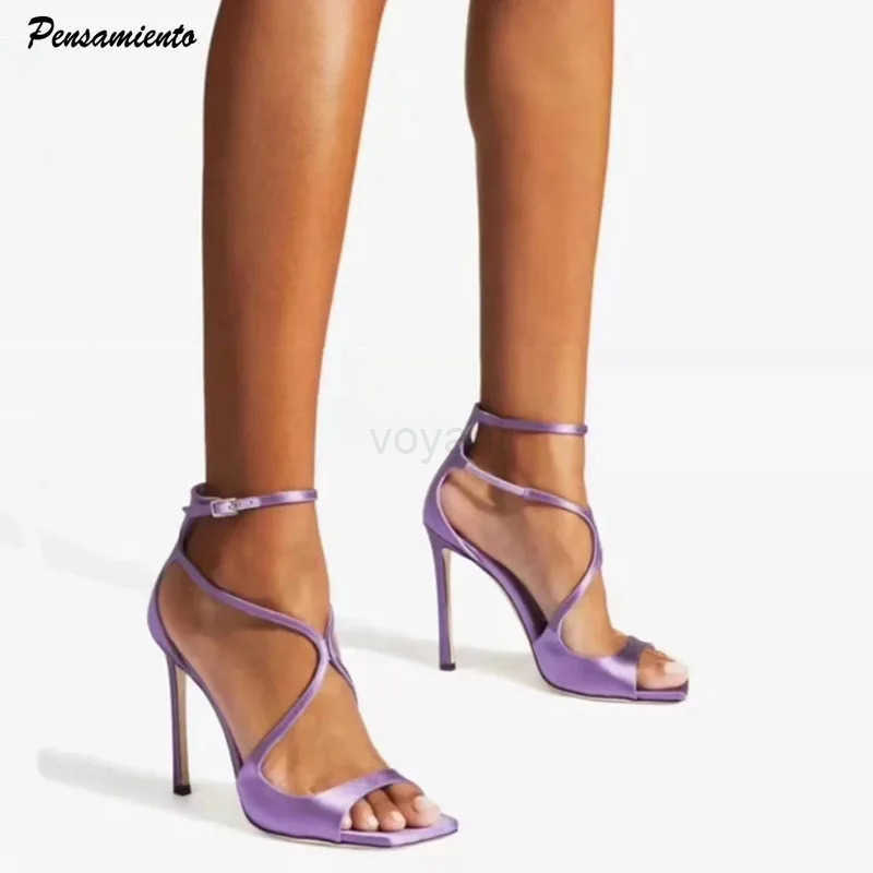 Star style Purple Satin Wen Sandals Sexy Narrow Band Ankle Strap Stiletto High h Gladiator Sandalias Summer Banquet Shoes Z250304