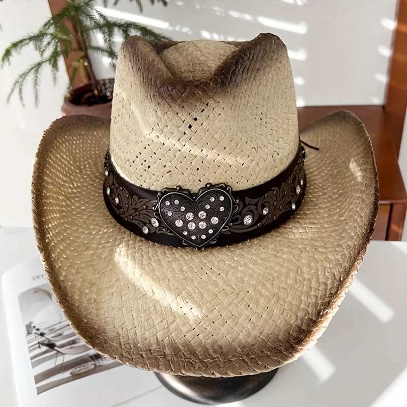 Diamond Belt Grass Knitted Knight Hat for Women Summer Outdoor Mountaineering Sunshade Sun Hat Western Cowboy Sunscreen Str HaXJ250304