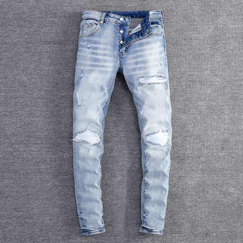 Fashion New Men's Stretch Slim Fit Washed Retro Light Blue Ripped White Patch Jeans Designer High Street Fashion Hip-Hop B