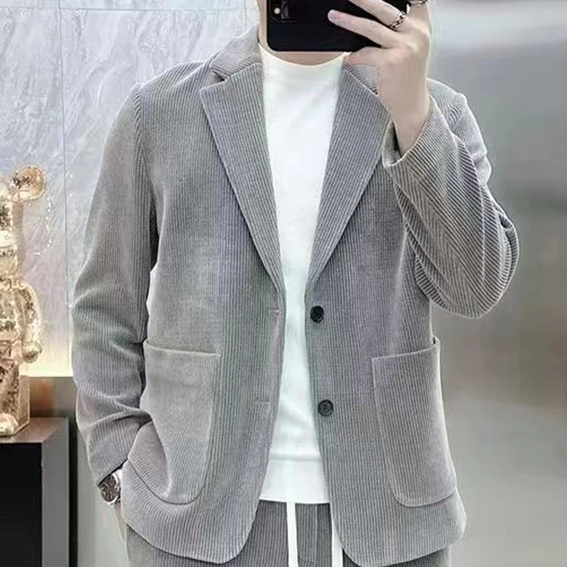 Mens springsummer long sleeved casual Korean slim fit twopiece solid creased jacket with lining set 250227