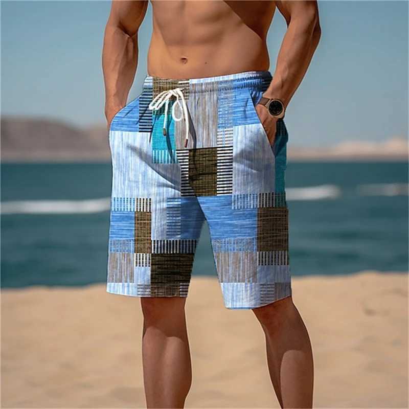 2024 Summer Hawaiian Beach Shorts Holiday Casual Colorful Plaid Print Sportswear Quick Drying Trunks Ice Shorts Hawaii SwimsuitT250304
