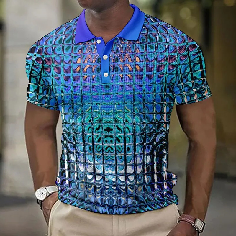 Fashion MenS Polo Shirts 3d Simulation Metal Plaid Printed MenS Clothing Summer Casual Short Sleeved Street er Tops Tees 250304
