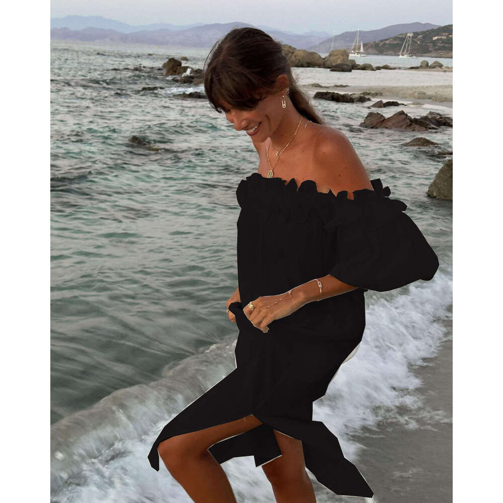 New European American solid color cotton en sexy one neck split vacation dress for women in 2025, with a unique and elegant temperament