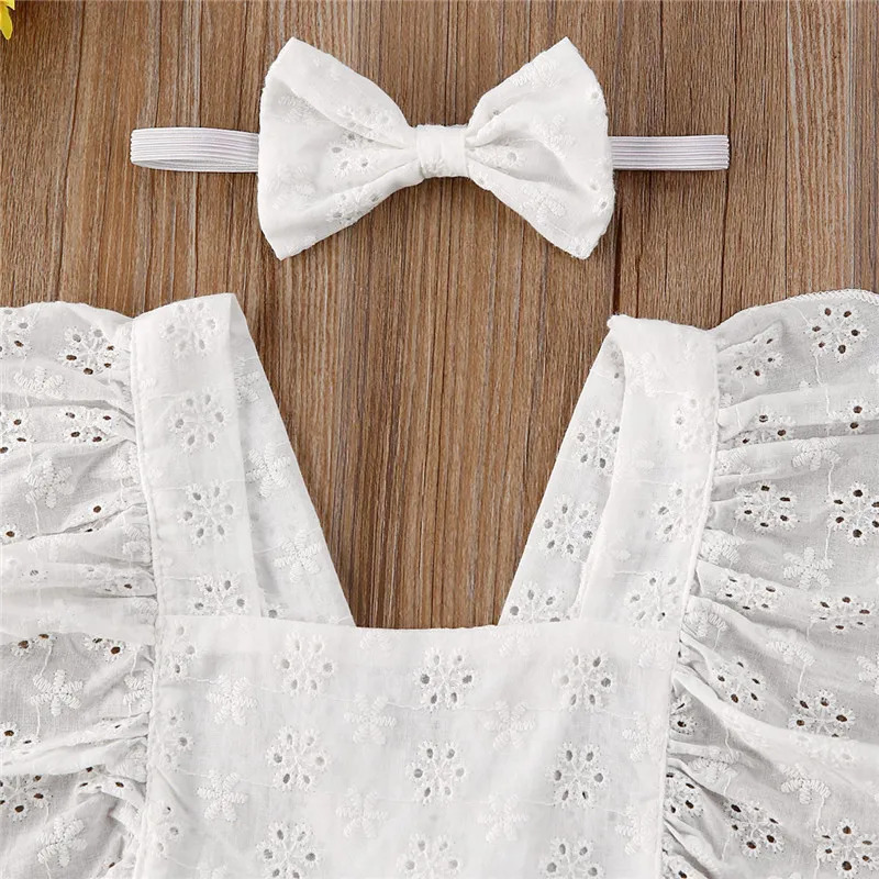 024months Baby Girl Romper Dress Summer Solid White Hollow Princess For Girls Lace Sleeve Bodysuits 250303