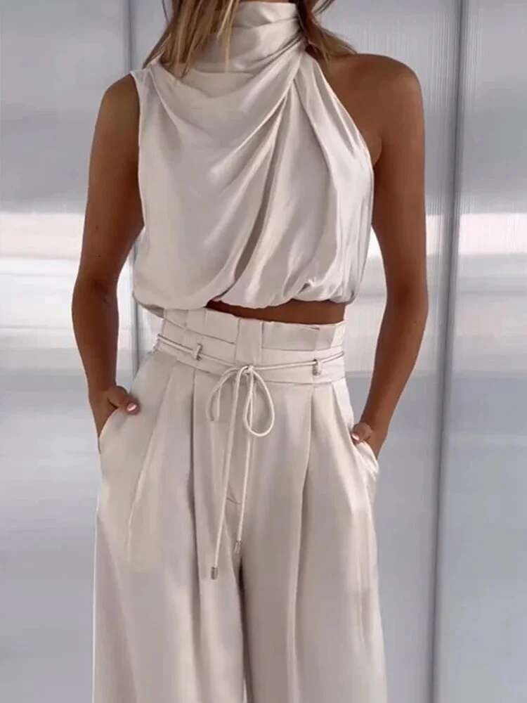 Deioao Urious Solid Women Summer Two Piece Set Female Sleeveless Tops Pocket Pants Chic Outfit 2025 Office Lady Suit In Stock
