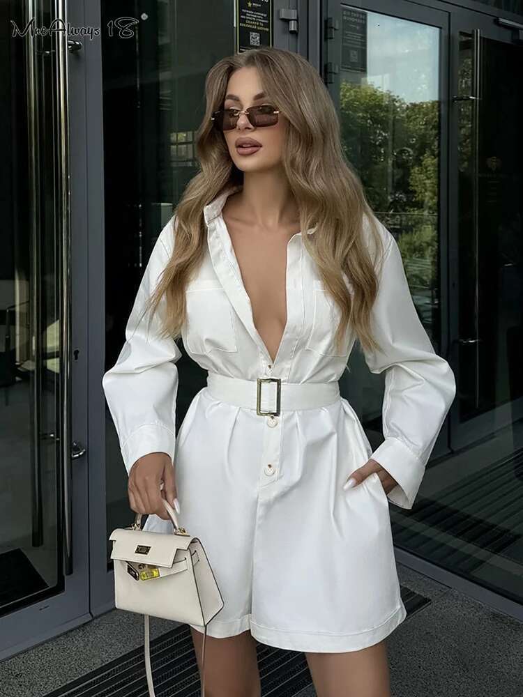 Elegant White Rompers With Belt Long Sleeves One-Piece Ladies Office Pockets 2024 Shirts Shorts Jumpsuits Woman Fall