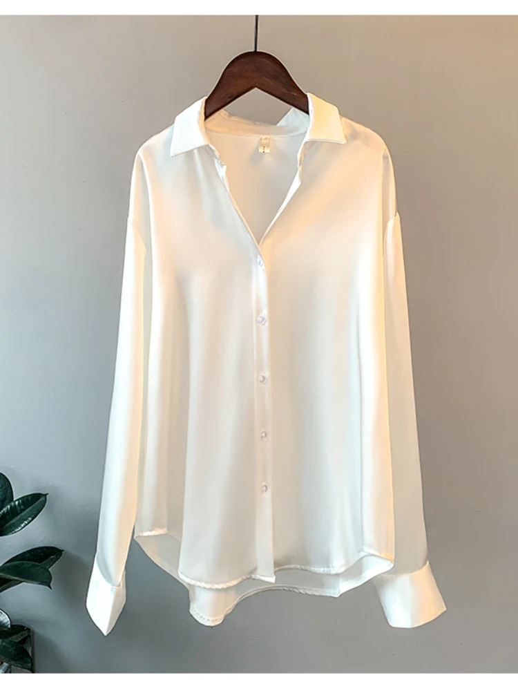 Office Lady Long Sleeve blouse Women Autumn Overshirt Satin Femal Clothing Elegant Korean Style er Blouse 250303