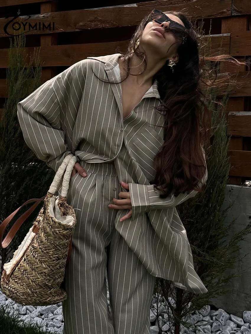 Fashion Khaki Print 2 Piece Sets Women Outfit Elegant Long Sleeve Pockets Button Shirts And High Waist Straight Pants Set