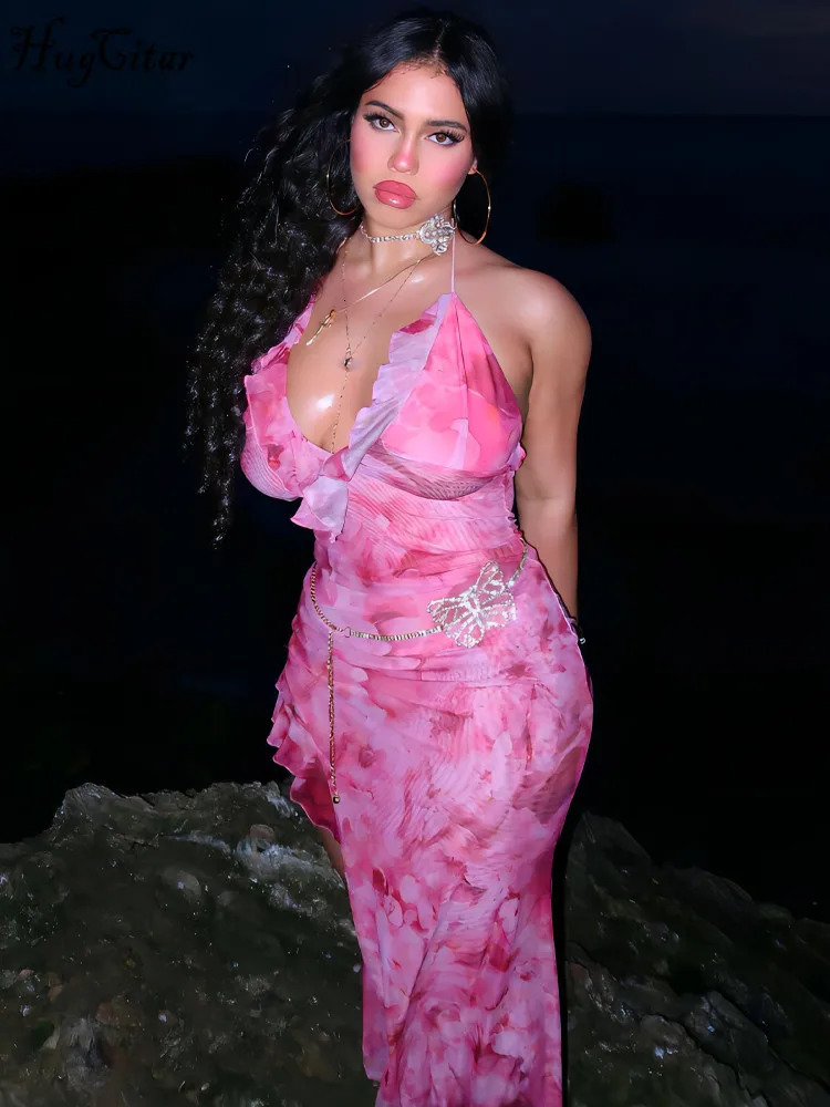 Hugcitar Ruffles Tie Dye Halter Backless Bandage Irregular Sexy Maxi Dress Summer Women Y2K Kawaii Beach Vacation Outfit 250303