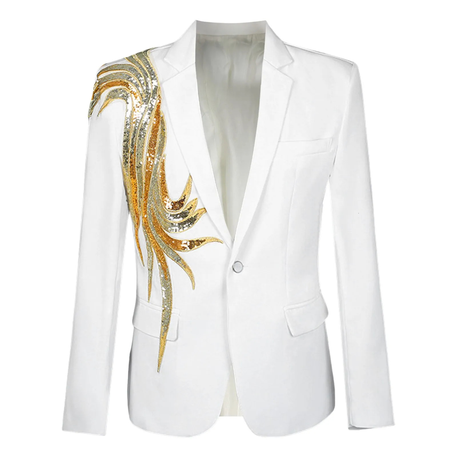 Mens Fashion Retro Gold Embroidery Sequin Suit Jacket Carnival Stage Performance Costume Banquet White Casual 250304