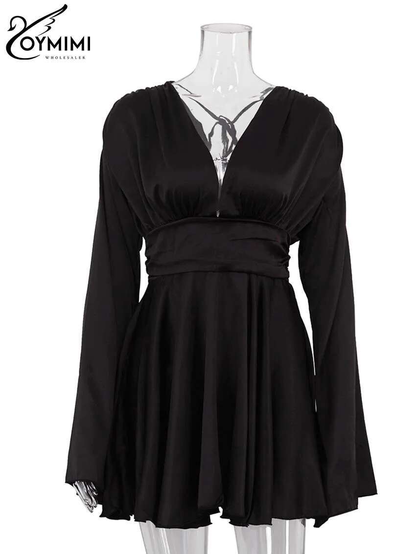 Oymimi Elegant Black Lace-Up Women's Dress Fashion Open Back Deep V-Neck Long Sleeve Casual New Pleated Mini Dresses