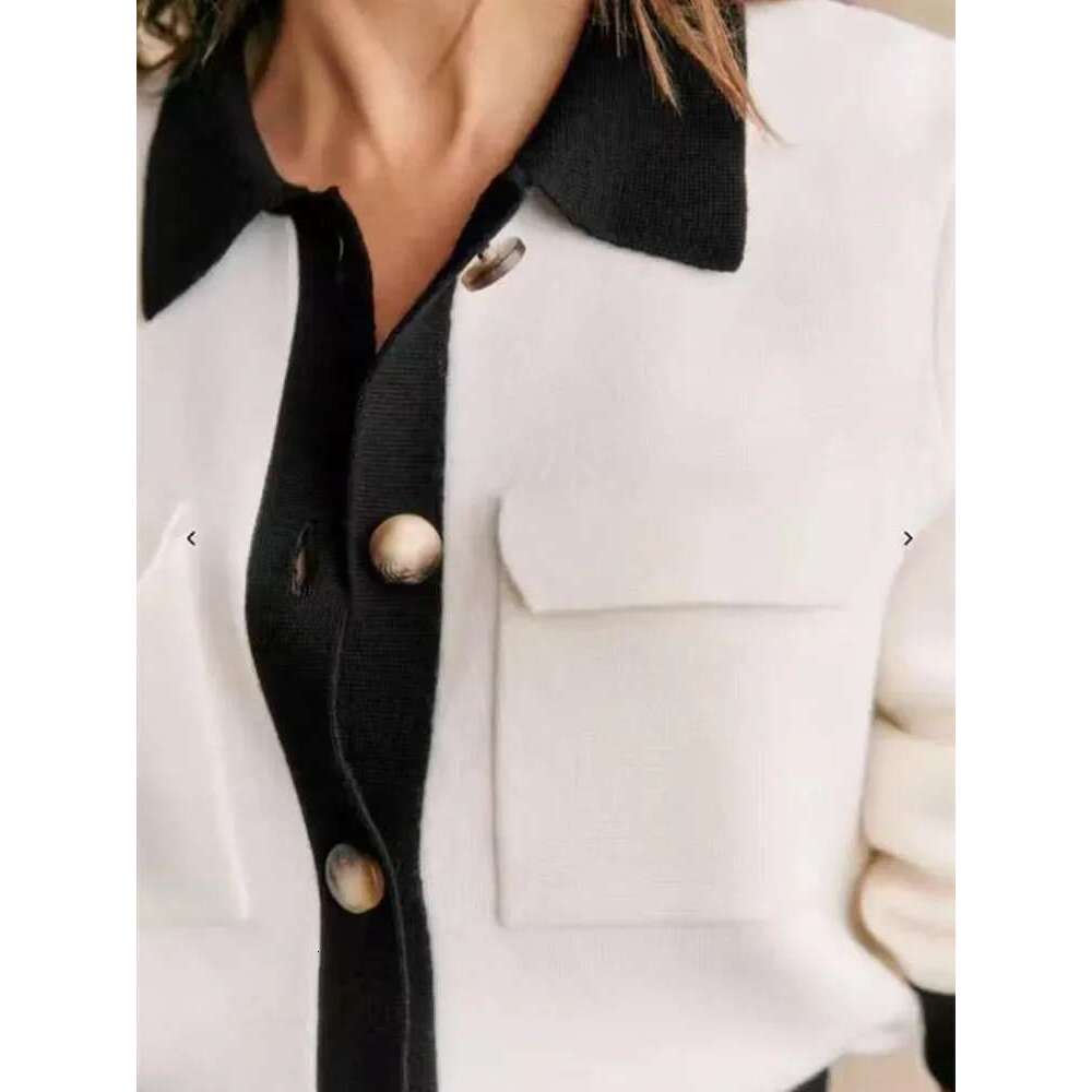 Women Contrast Color Wool Knit Cardigan Fashion Single Breasted Turn-Down Collar Female Double Pockets Sweater Coat Top