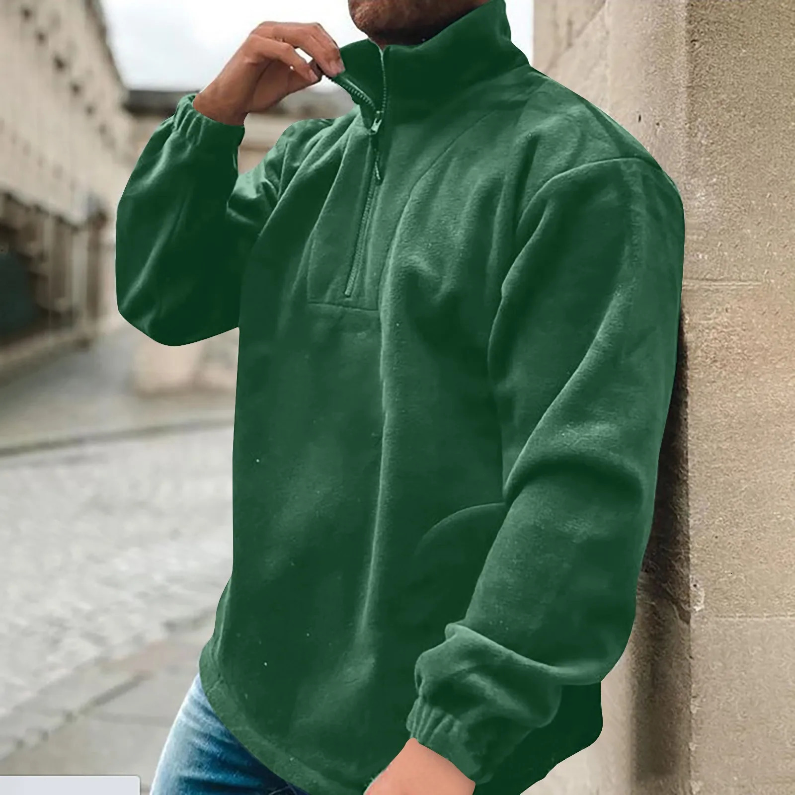 Mens Fleece Hoodless With Half Zip Solid Color Long Sleeved Sweatshirts Casual Cropped Tops For Selling Item 2024 250304