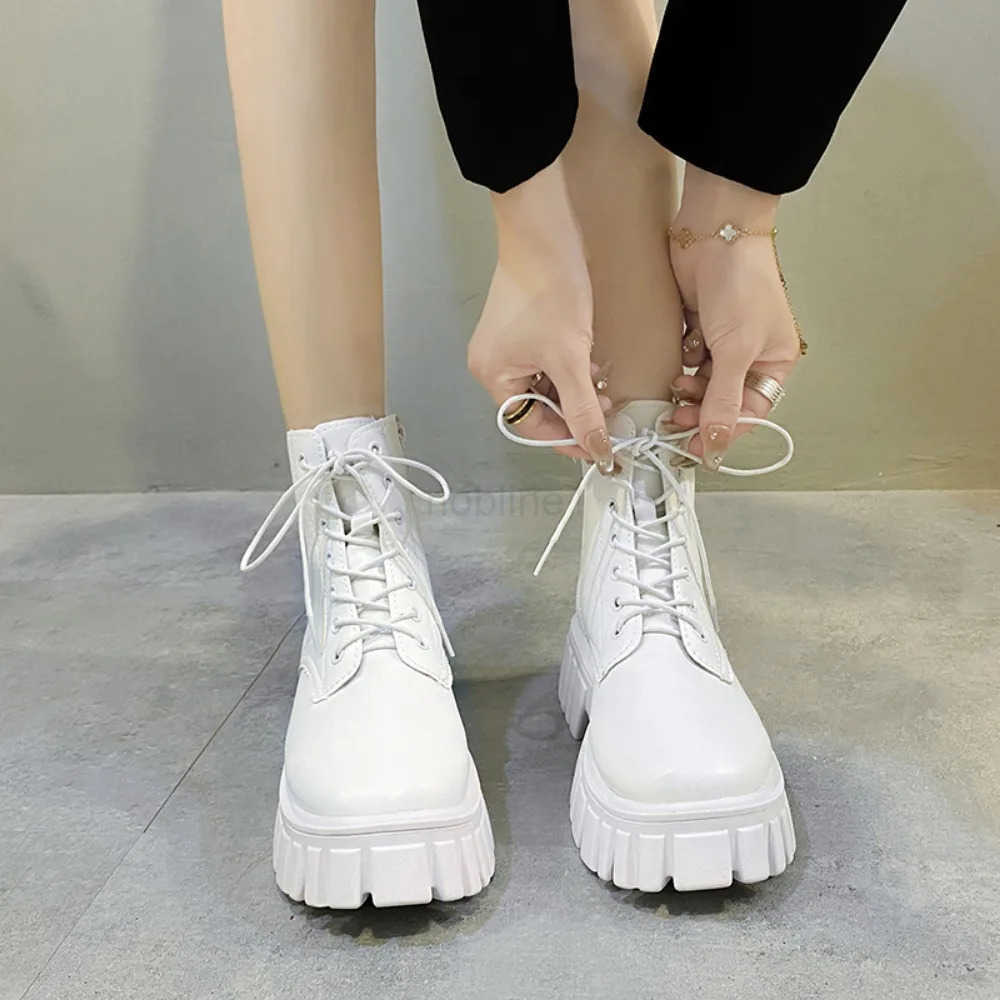 Chunky Platform White Ankle Boots Wen Autumn Winter Pu Leather Booties Mujer Punk Thick Bott Motorcycle Boots size 35-42 Z250304