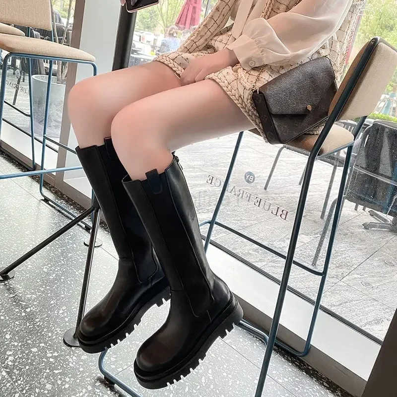 Ladies Shoes 2024 Knee-High Wens Boots Platform Modern Boots Wen Sewing Round Toe Back Zip Med Heel Shoes Fem Zapatos Z250304