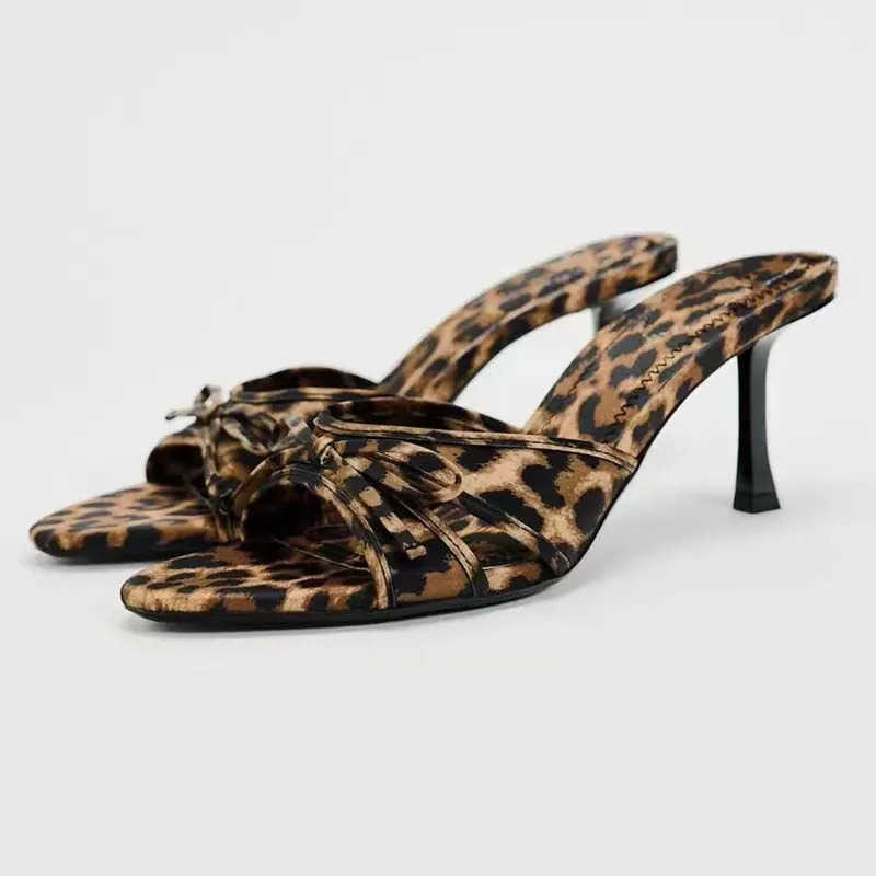 2024 New European and High Quality Wen Shoes Bow Knot Leopard Print High Heel Slippers Wen Slippers Z250304