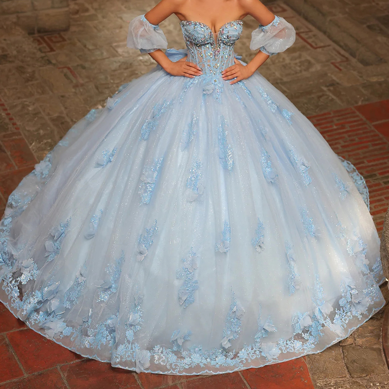 Sky Blue Shiny Quinceanera Dresses Ball Gown Off The Shoulder Applique Lace Beads Corset Tull Party Birthday Sweet 16 Vestidos 15 De Anos
