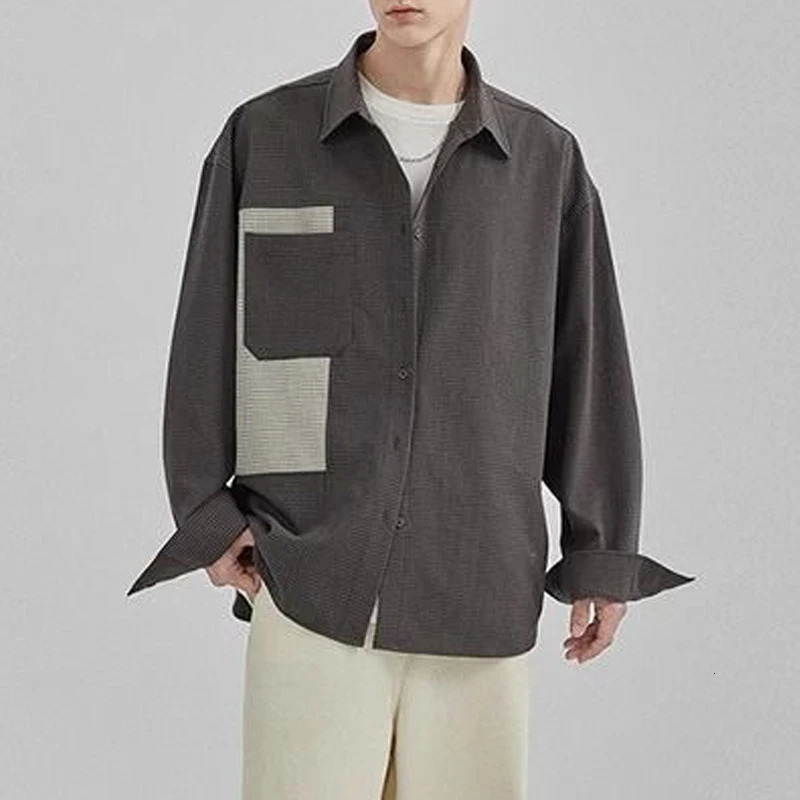 Mens clothing fashion retro plain patch work casual button up shirt Spring and Autumn mens long sleeved lapel loose top 250227