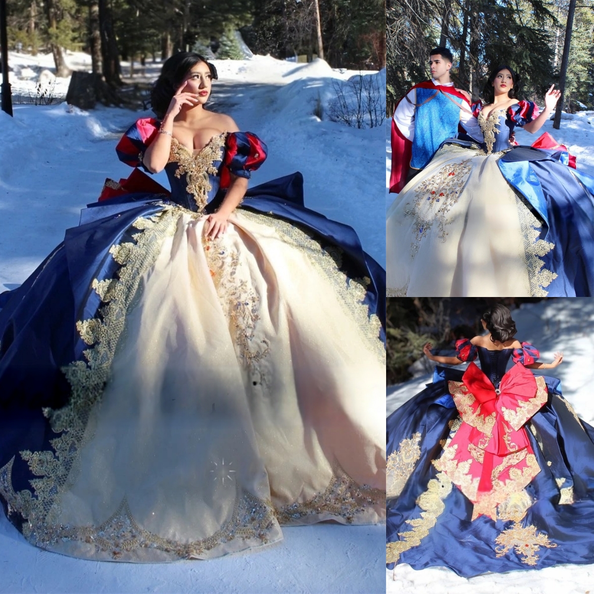 Cinderella Vintage Princess Quinceanera Dresses With Big Bow Back Off Shoulder Short Sleeves Sweet 16 Dress Gold Lace Applique Crystals Beaded Masquer