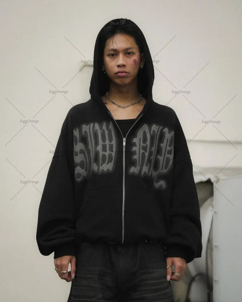 Gothic Punk Letter Printed Zipper Hoodie Men Hip-hop Street Trendy Jacket Y2K Harajuku Retro Casual Oversized Sweatshirt Women 250303